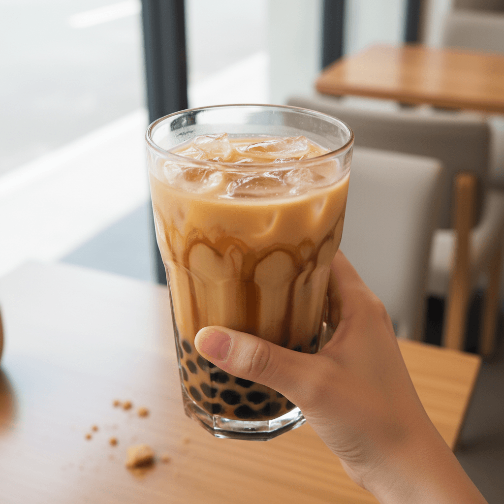 Glass of iced boba tea with pearls and brown sugar syrup