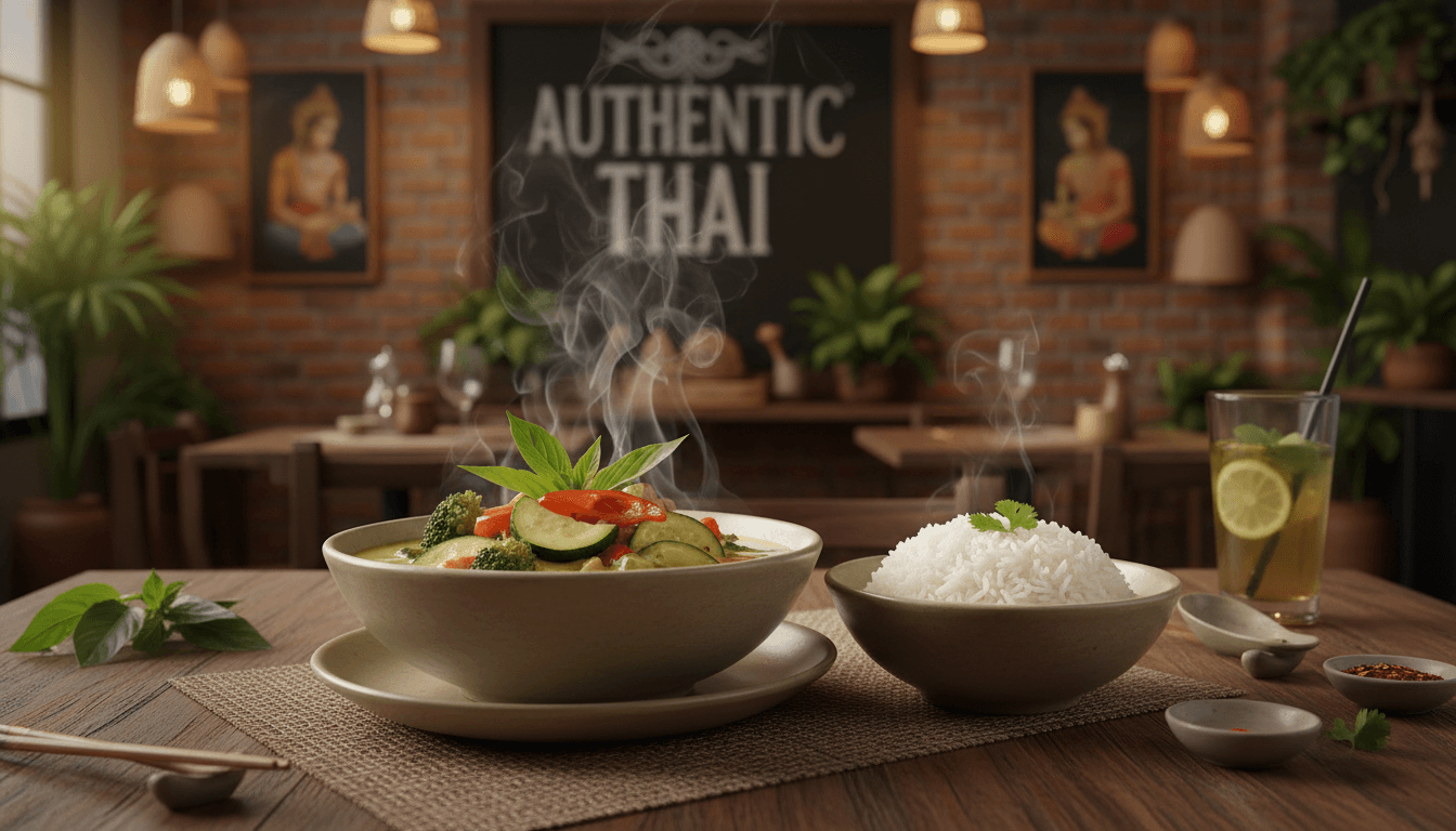 Bowl of green curry with rice