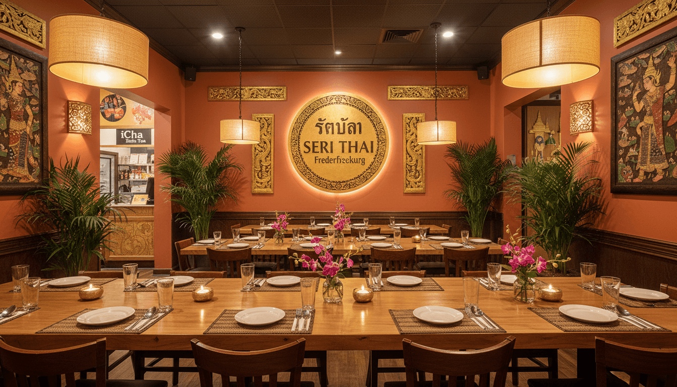 Warm dining room with tables set for a group meal, soft lighting, Thai decor accents