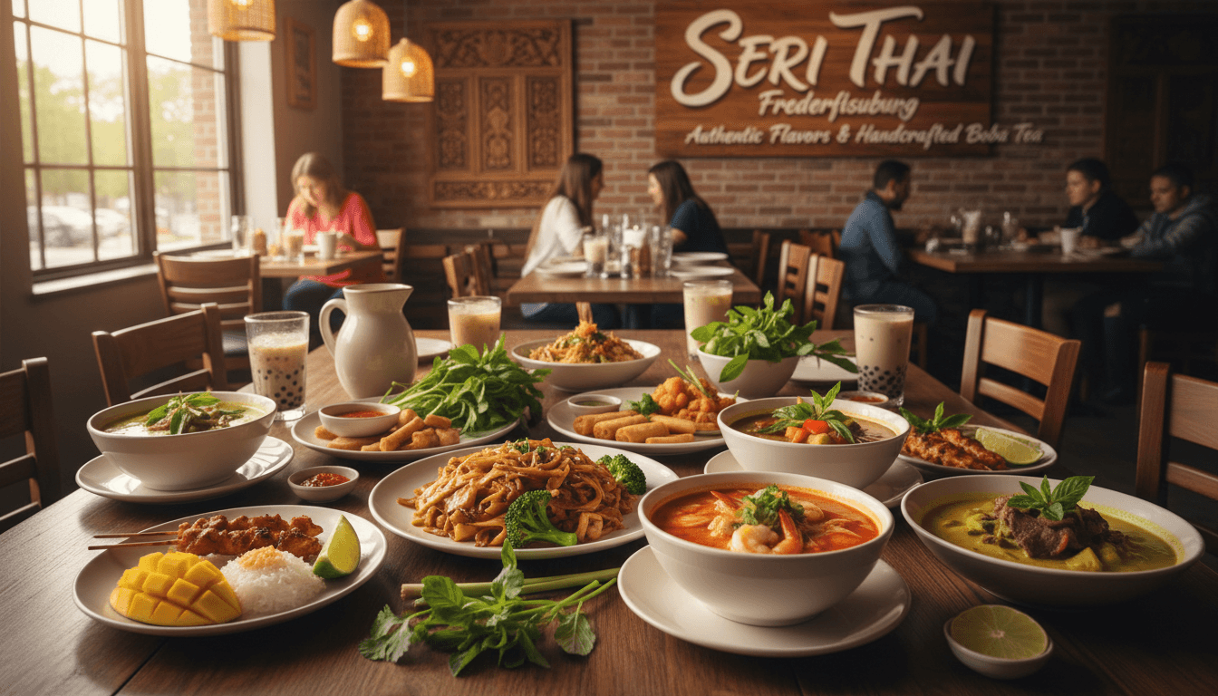 Colorful Thai dishes arranged on a table with fresh herbs and lime, warm natural lighting, restaurant setting