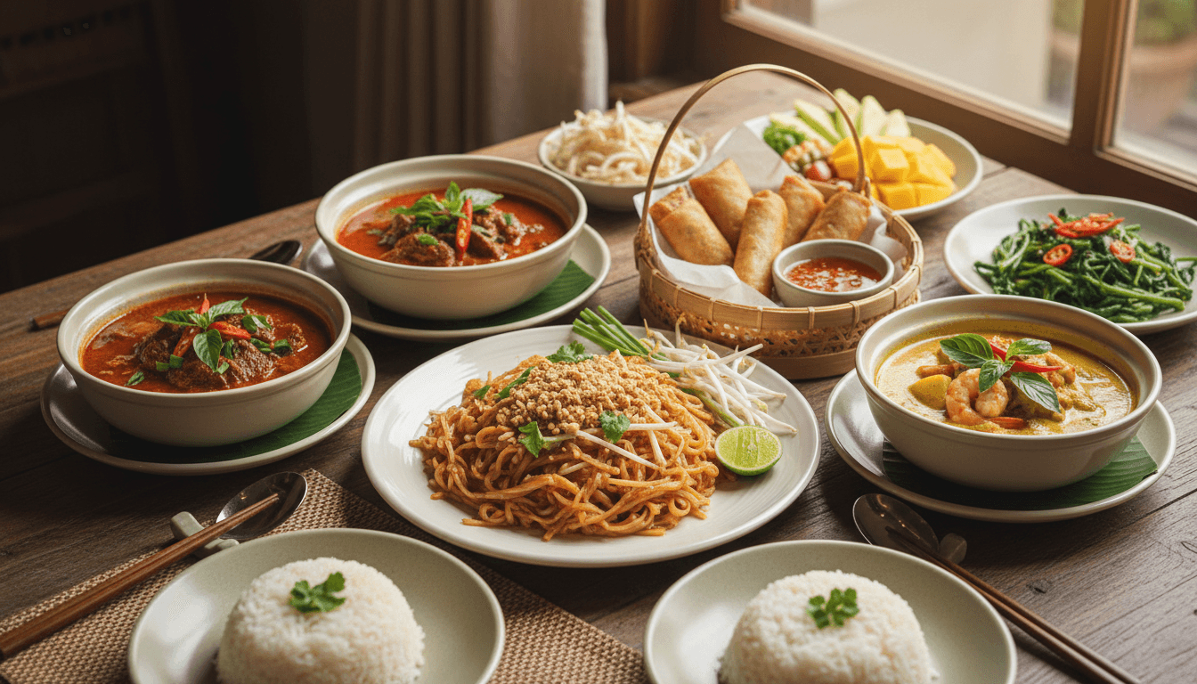 Spread of authentic Thai dishes including Pad Thai and spring rolls on a table