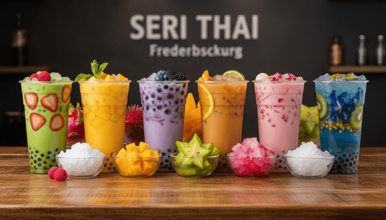 Boba tea drinks lined up with fresh fruit and ice, vibrant colors