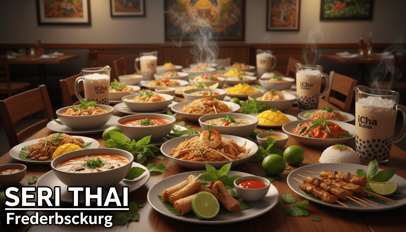 Colorful Thai dishes arranged on a long table with fresh herbs and lime wedges