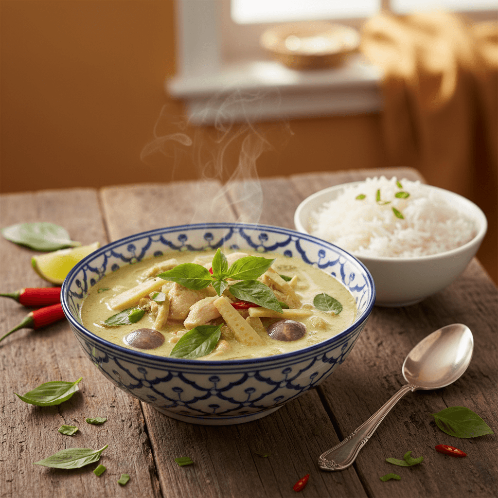 Steaming bowl of Thai green curry