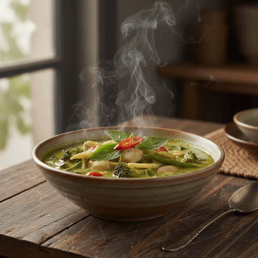 Bowl of Thai green curry with basil and vegetables